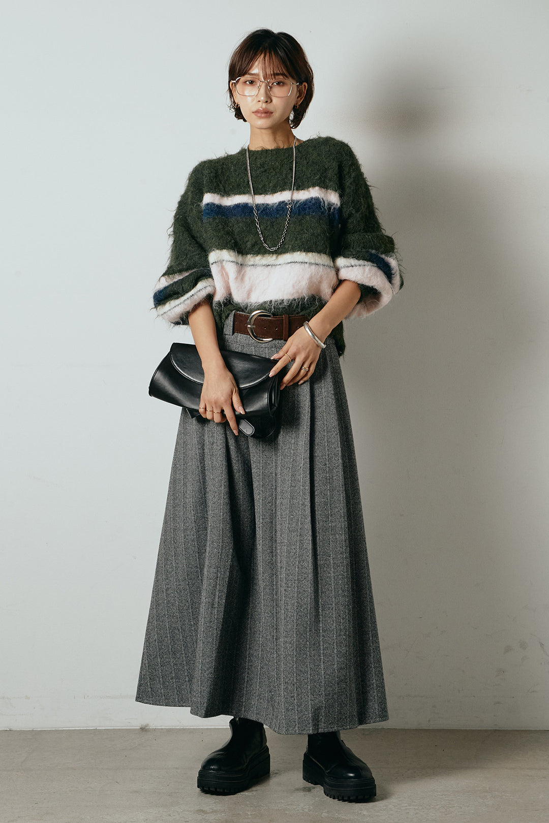 [SET]起毛配色マルチボーダーニットトップス+太ベルト付きヘリンボーンプリーツスカート(2set)