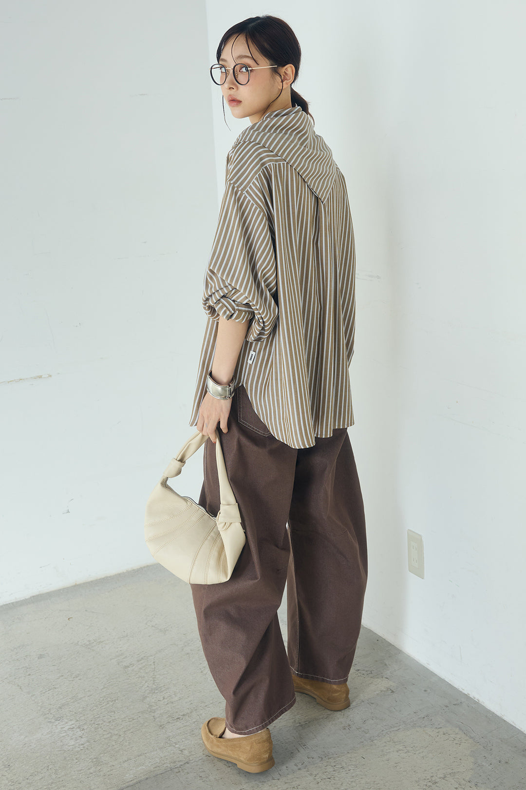 [SET]レーヨンストライプスカーフ+レーヨンストライプバンドカラー長袖シャツ(2set)