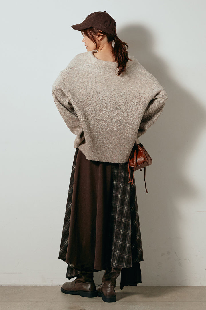 [SET]グラデーションラメニットキーネックプルオーバー+フェイクレザーベルト付き切り替えタータンチェックスカート(2set)