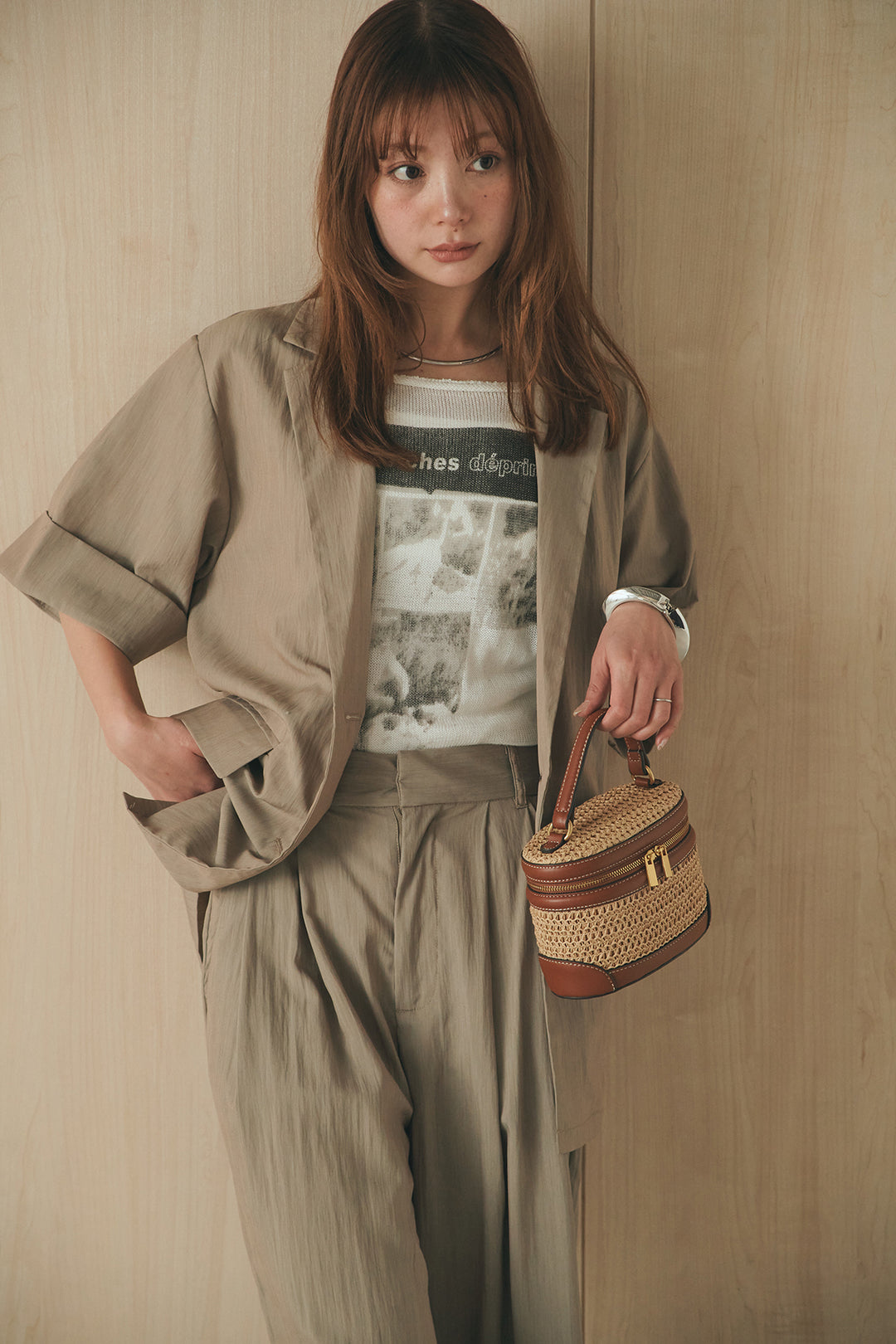 [SET]リネンライクテーラードハーフスリーブジャケット+リネンライク2タックワイドパンツ+半袖モノトーングラフィックトップス(3set)