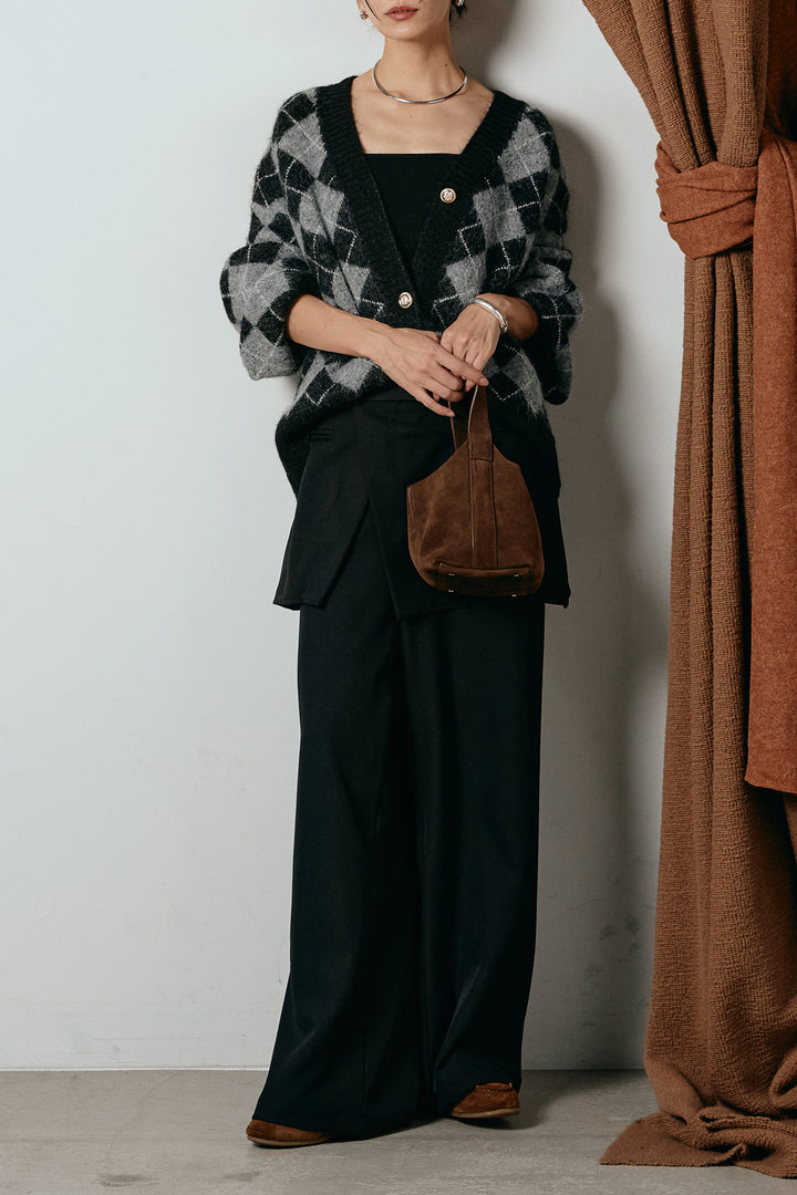 [SET]オーバーサイズ総柄Vネックニットカーディガン+ベルト付きウエストデザインパンツ(2set)