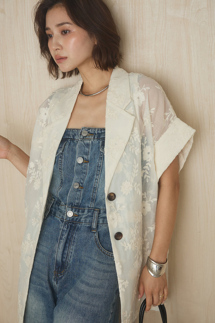 [SET]半袖シアー花柄刺繍テーラードジャケット+センターボタンデニムサロペット(2set)