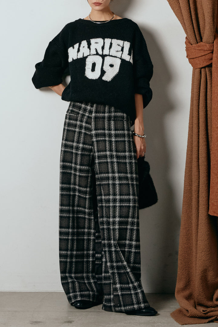 [SET]ロゴジャガードニットトップス+ルーズタータンチェックワイドパンツ(2set)