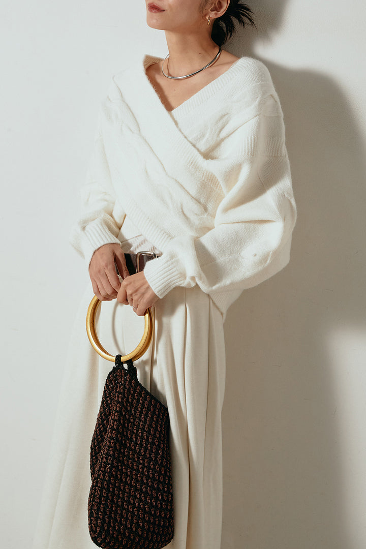 [SET]ケーブルカシュクールニットトップス+フェイクレザー太ベルト付きタックワイドパンツ(2set)