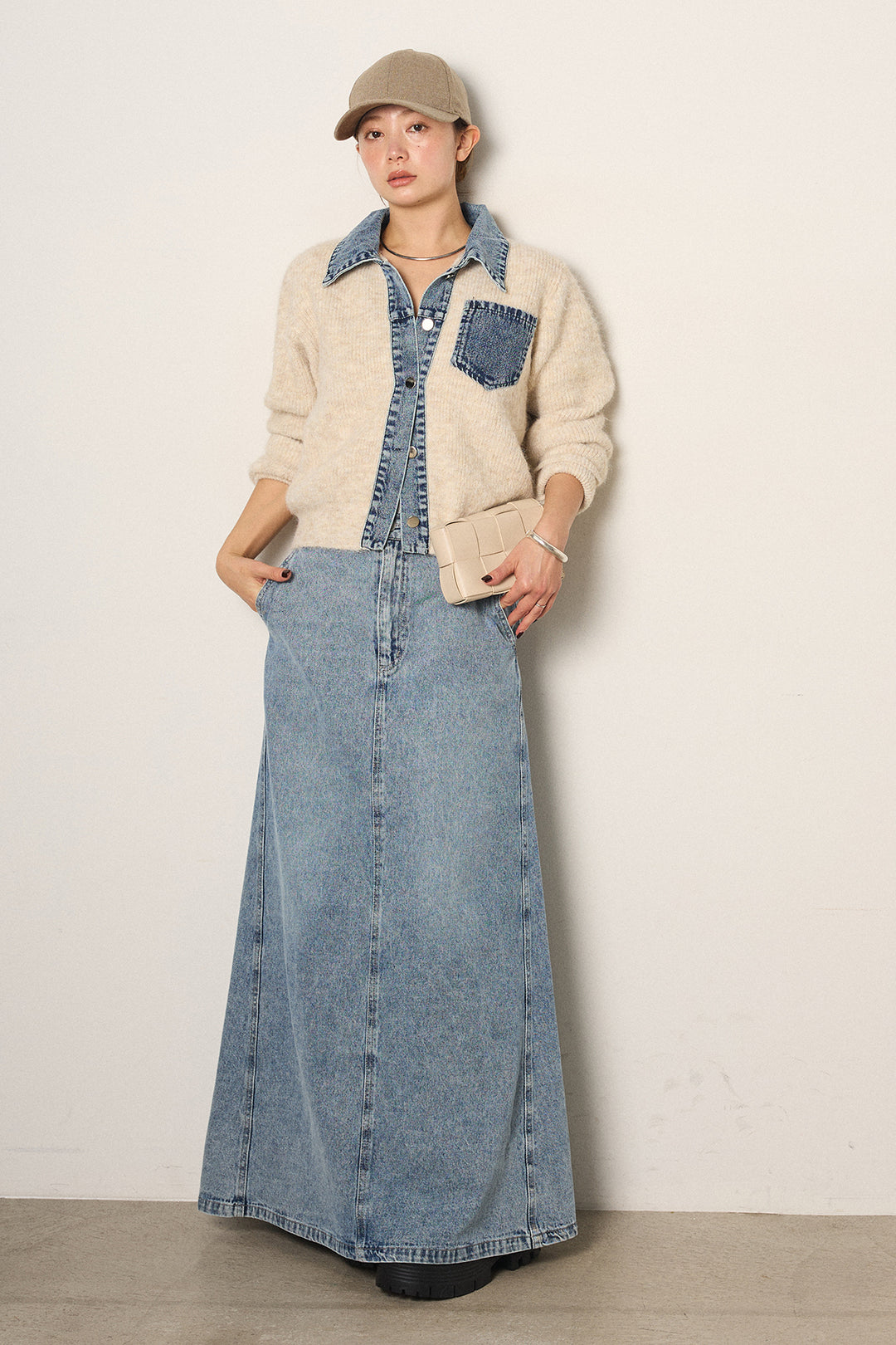 [SET]襟付きデニム切替ニットカーディガン+デニムロングフレアスカート(2set)