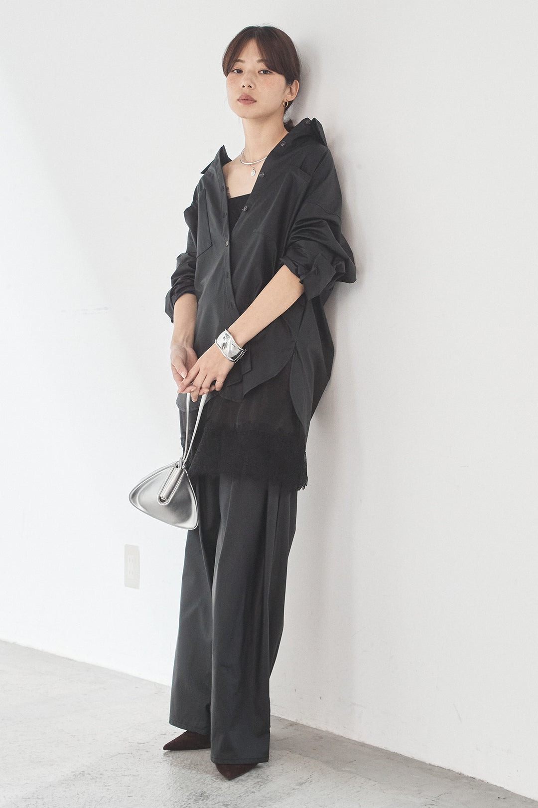 [SET]ウォッシャブルエコレザービックカフスシャツ+ウォッシャブルエコレザータックパンツ(2set)