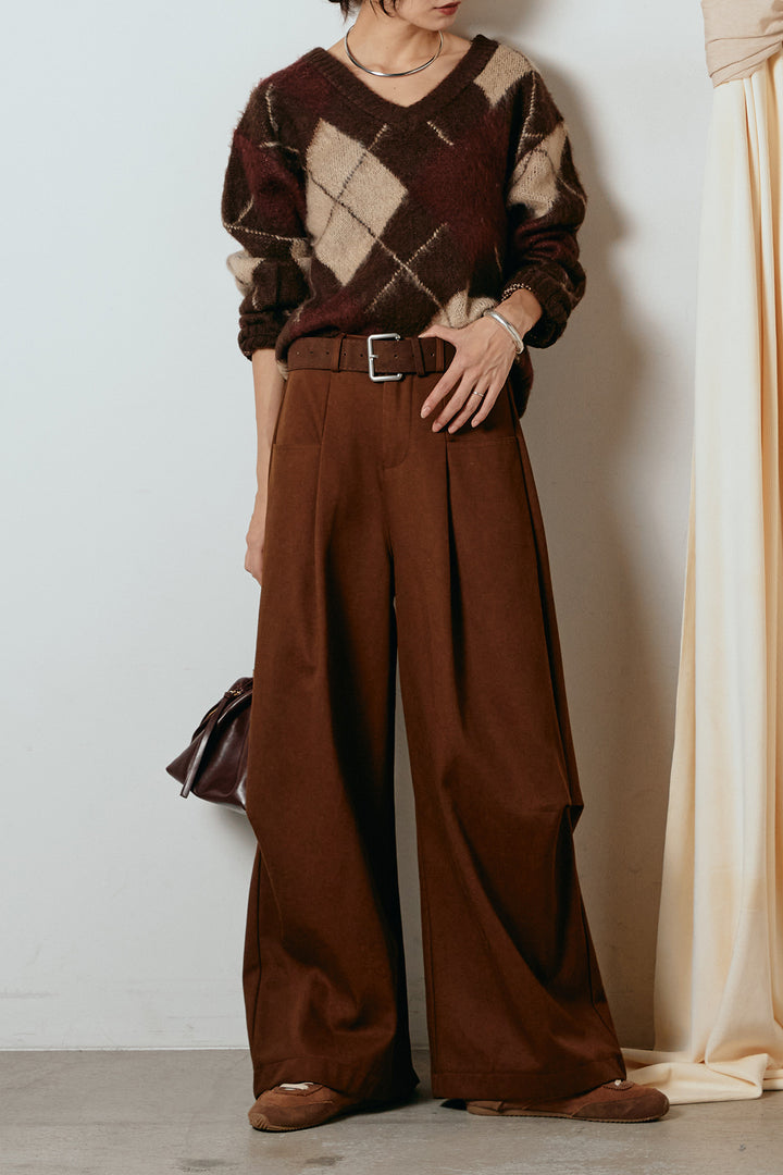 [SET]アクリルモヘアアーガイルVネックプルオーバー+太ベルト付きタックデザインワイドパンツ(2set)