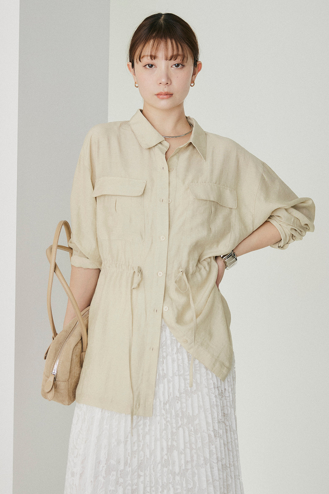 [SET]リネンブレンドシアーサファリシャツ+リラックスプリーツスカート(2set)