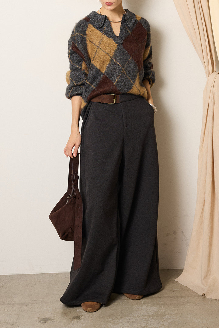 [SET]アクリルモヘアアーガイルキーネックプルオーバー+サイドベルトパンツ(2set)