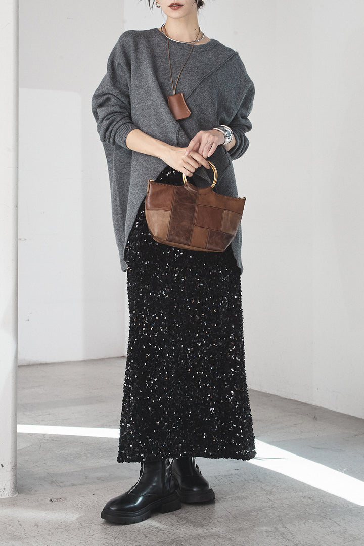 [SET]アシンメトリーデザインニットトップス+スパンコールニットワイドスカート(2set)