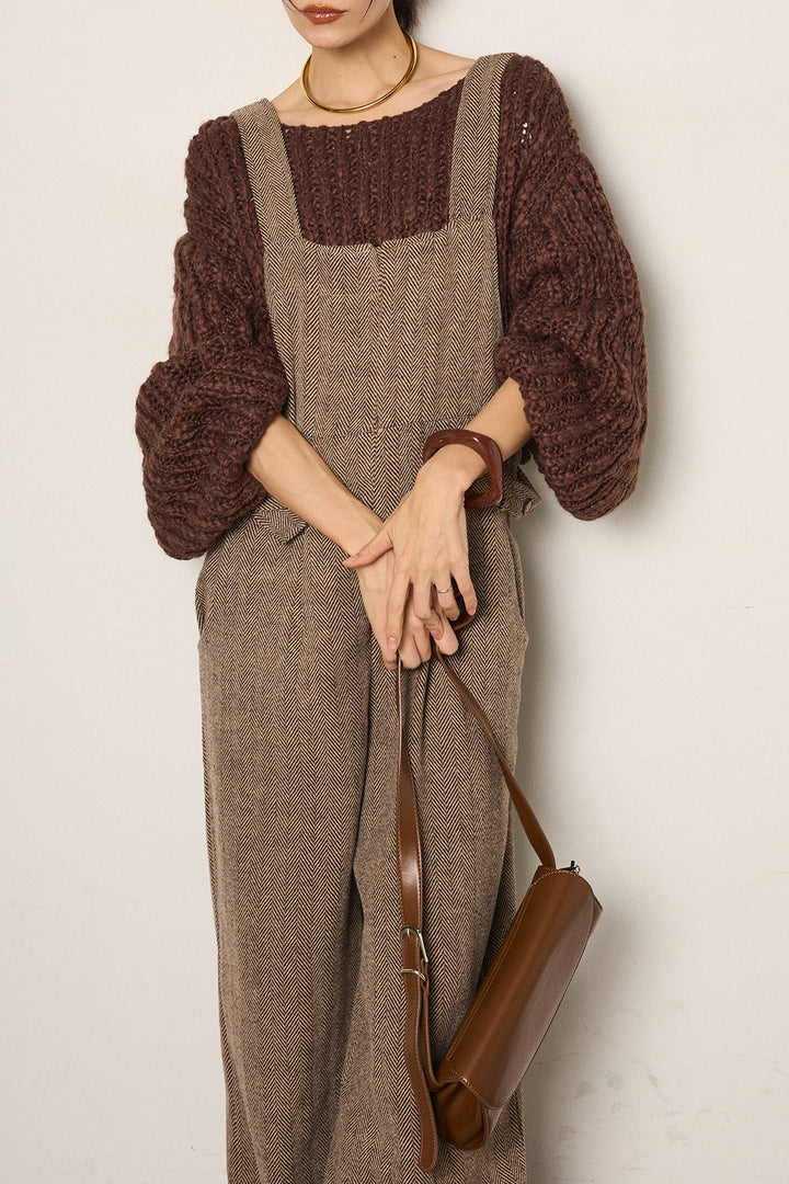 [SET]チャンキースラブニットクロップドプルオーバー+クラシックヘリンボーンサロペット(2set)