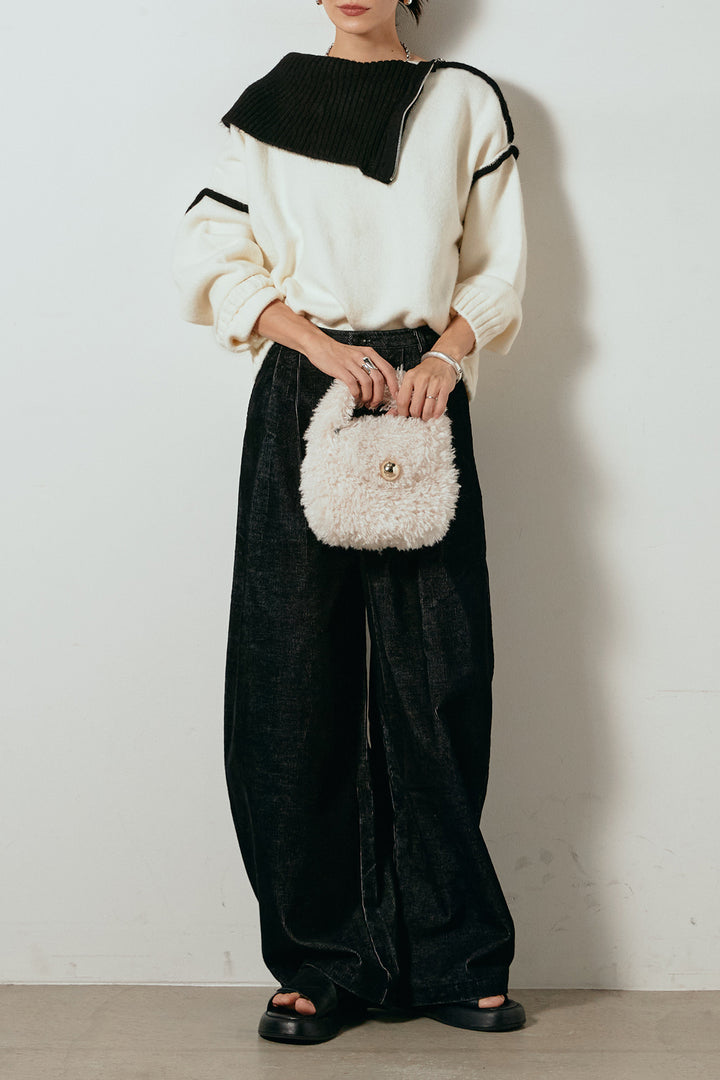 [SET]ハイネックジップデザインニットトップス+フロントタック入りコーデュロイパンツ(2set)