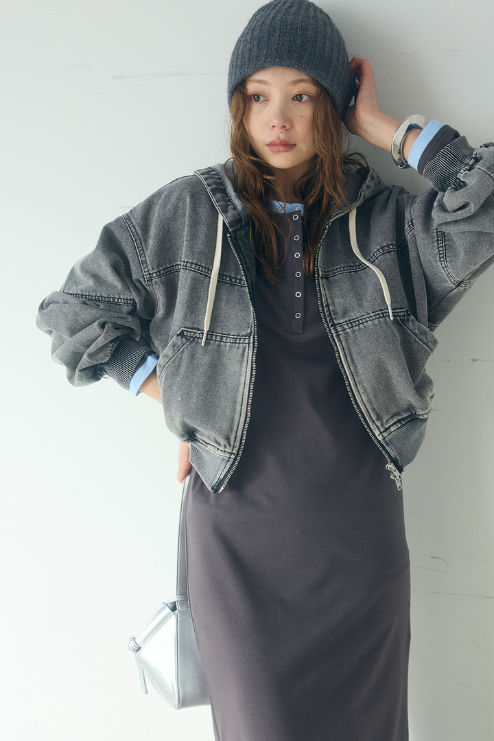 [SET]デニムダブルジップパーカーブルゾン+レイヤード見えヘンリーネックロングワンピース(2set)