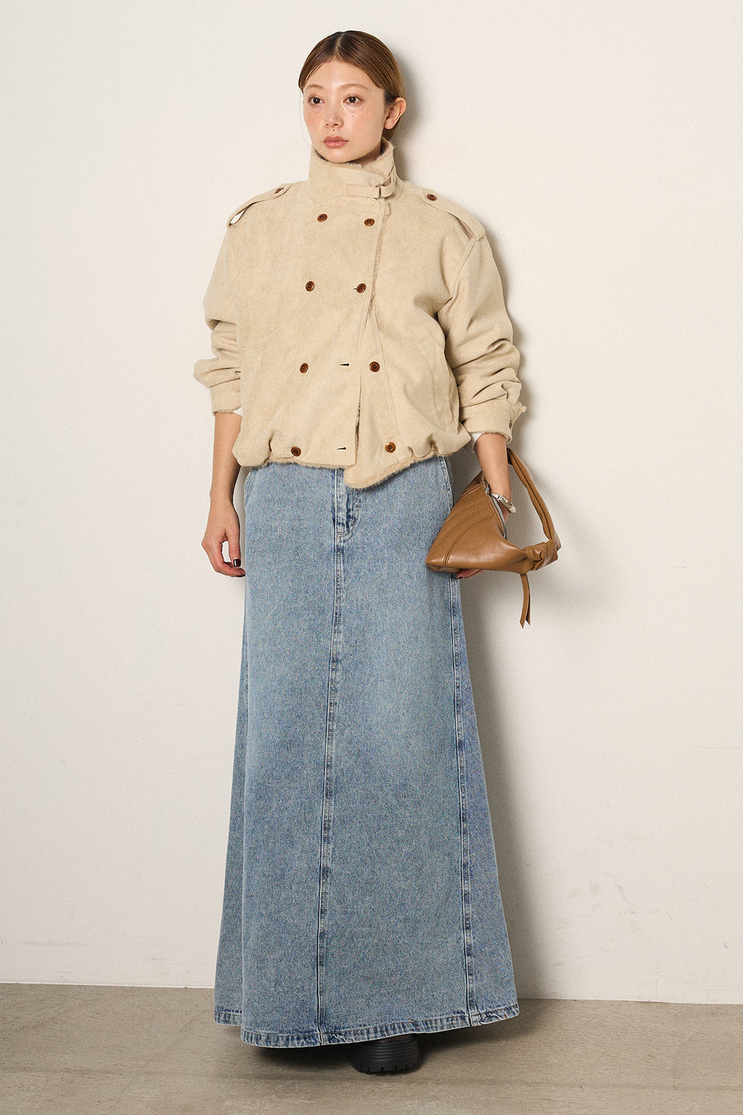 [SET]スタンド襟スウェードライクアウター+デニムロングフレアスカート(2set)