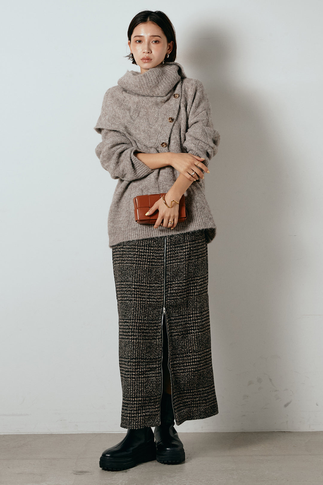 [SET]ケープデザインケーブルニットトップス+グレンチェック柄フロントジップタイトスカート(2set)