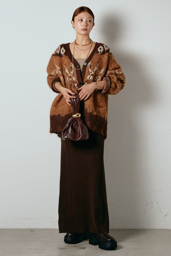 [SET]シャギーニュアンス柄ニットカーディガン+リブナローニットスカート(2set)