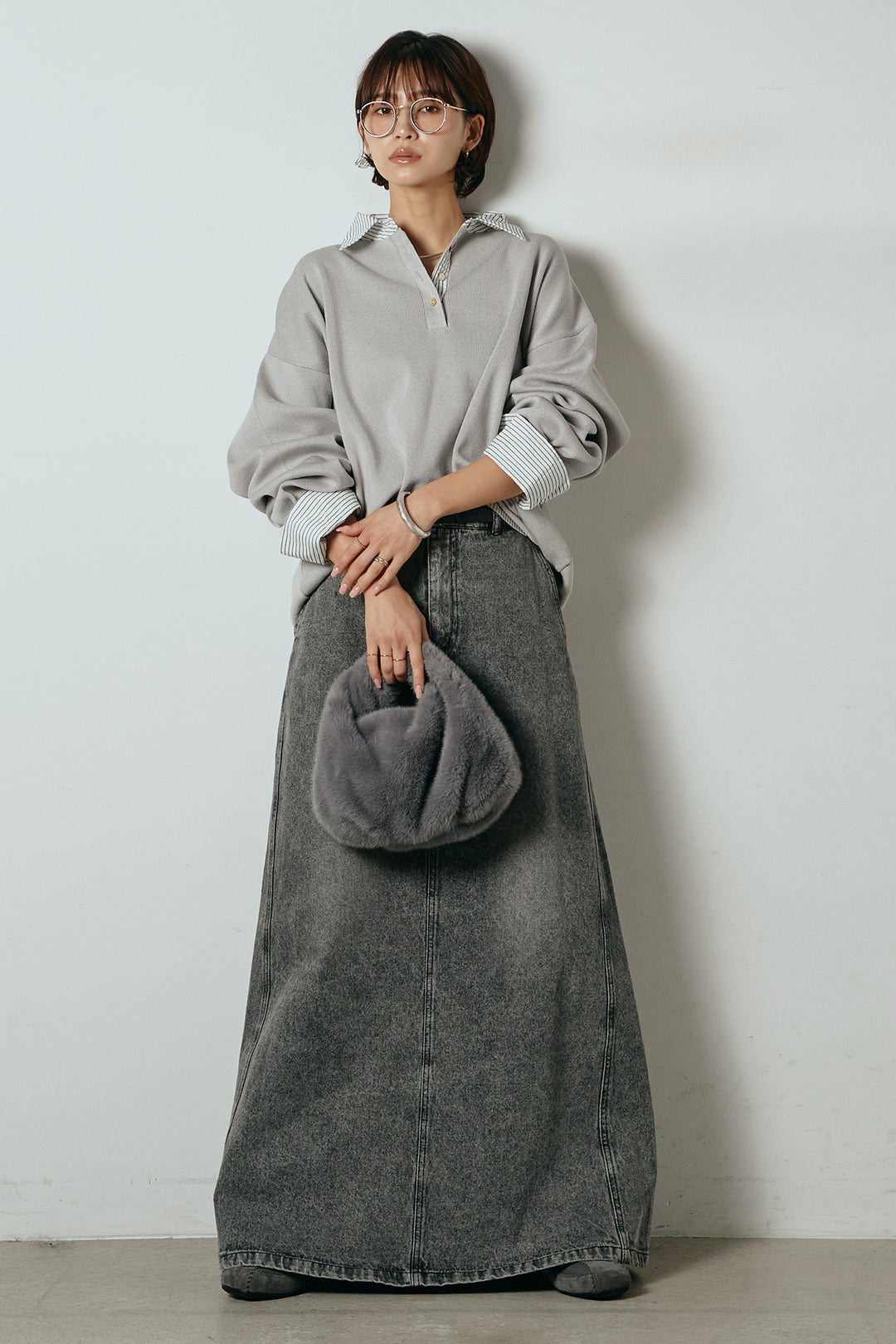 [SET]ストライプシャツドッキングポロトップス+デニムロングフレアスカート(2set)