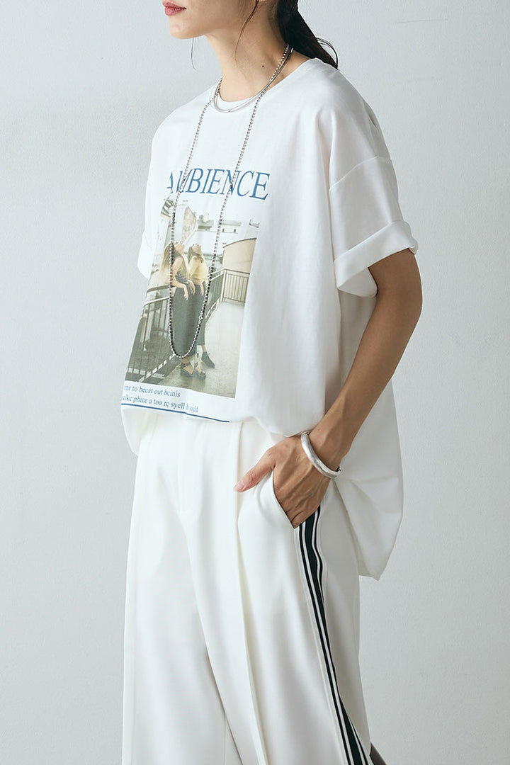 [SET]AMBIENCEフォトプリントTシャツ+サイドラインワイドスラックスパンツ(2set)