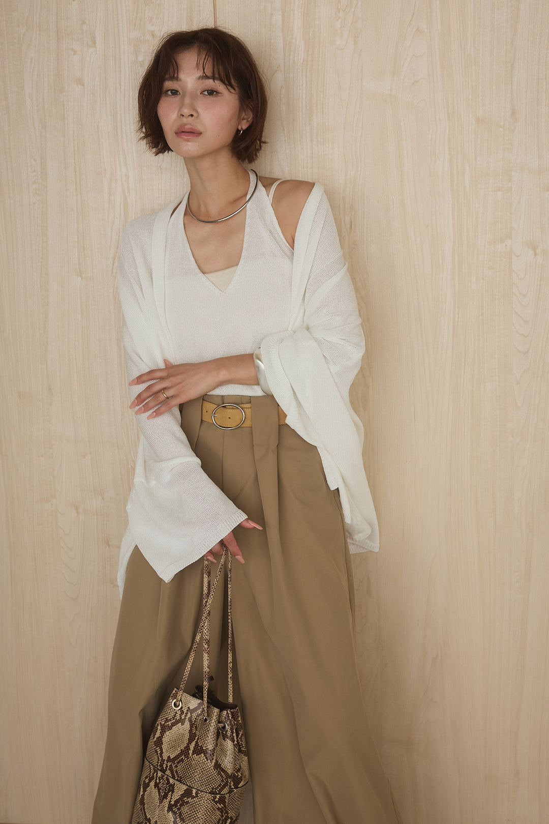 [SET]オーバードルマンカーディガン+ベルトループデザインハイウエストタックパンツ(2set)