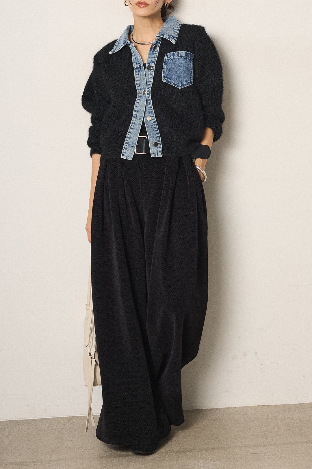 [SET]襟付きデニム切替ニットカーディガン+ベルトループコーデュロイワイドパンツ(2set)