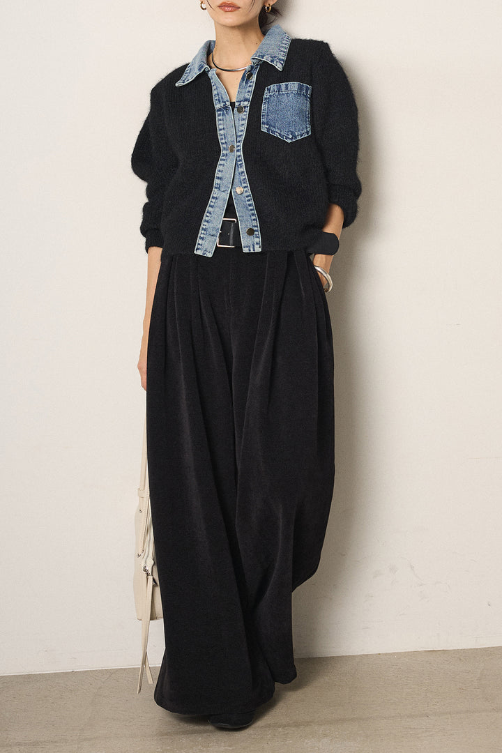 [SET]襟付きデニム切替ニットカーディガン+ベルトループコーデュロイワイドパンツ(2set)