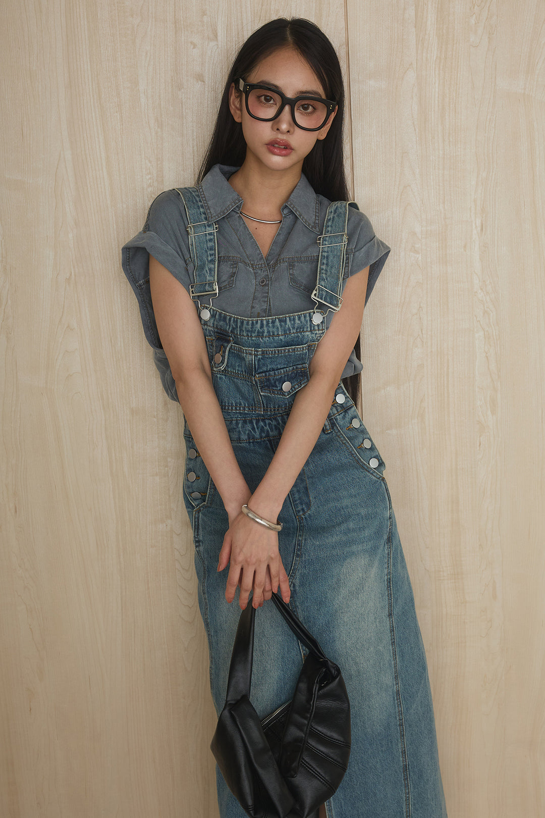 [SET]リヨセルデニムノースリシャツ+センタースリットデニムジャンスカ(2set)