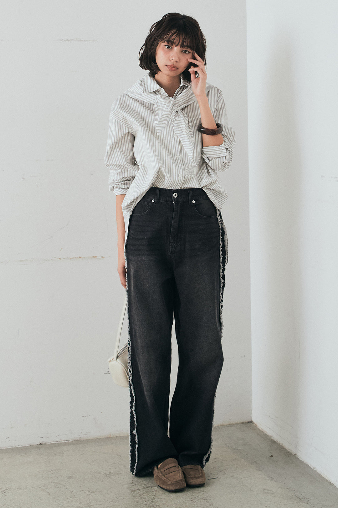 [SET]ランダムストライプスカーフ付きシャツ+デニムサイドフリルパンツ(2set)