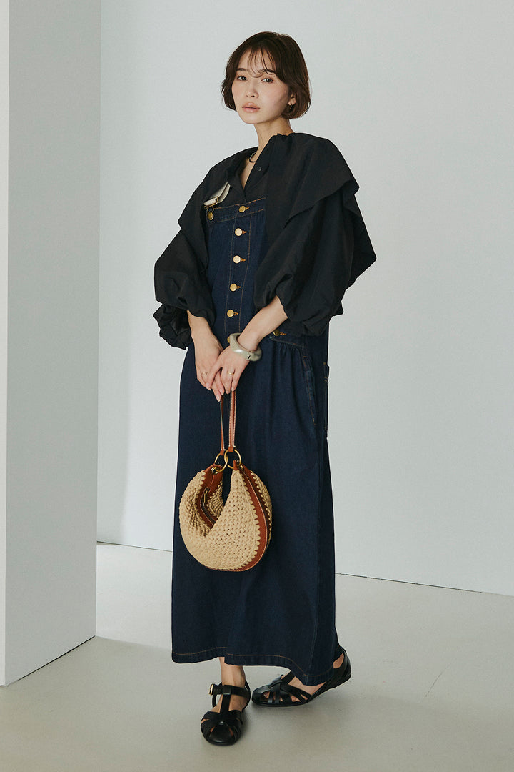 [SET]ケープカラーナイロンブラウス+配色ショルダーデニムサロペットスカート(2set)