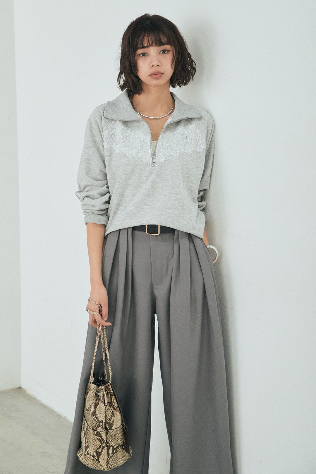[SET]リバーレースハーフジップ裏毛スウェット+ベルト付きタックデザインハイウエストロングパンツ(2set)