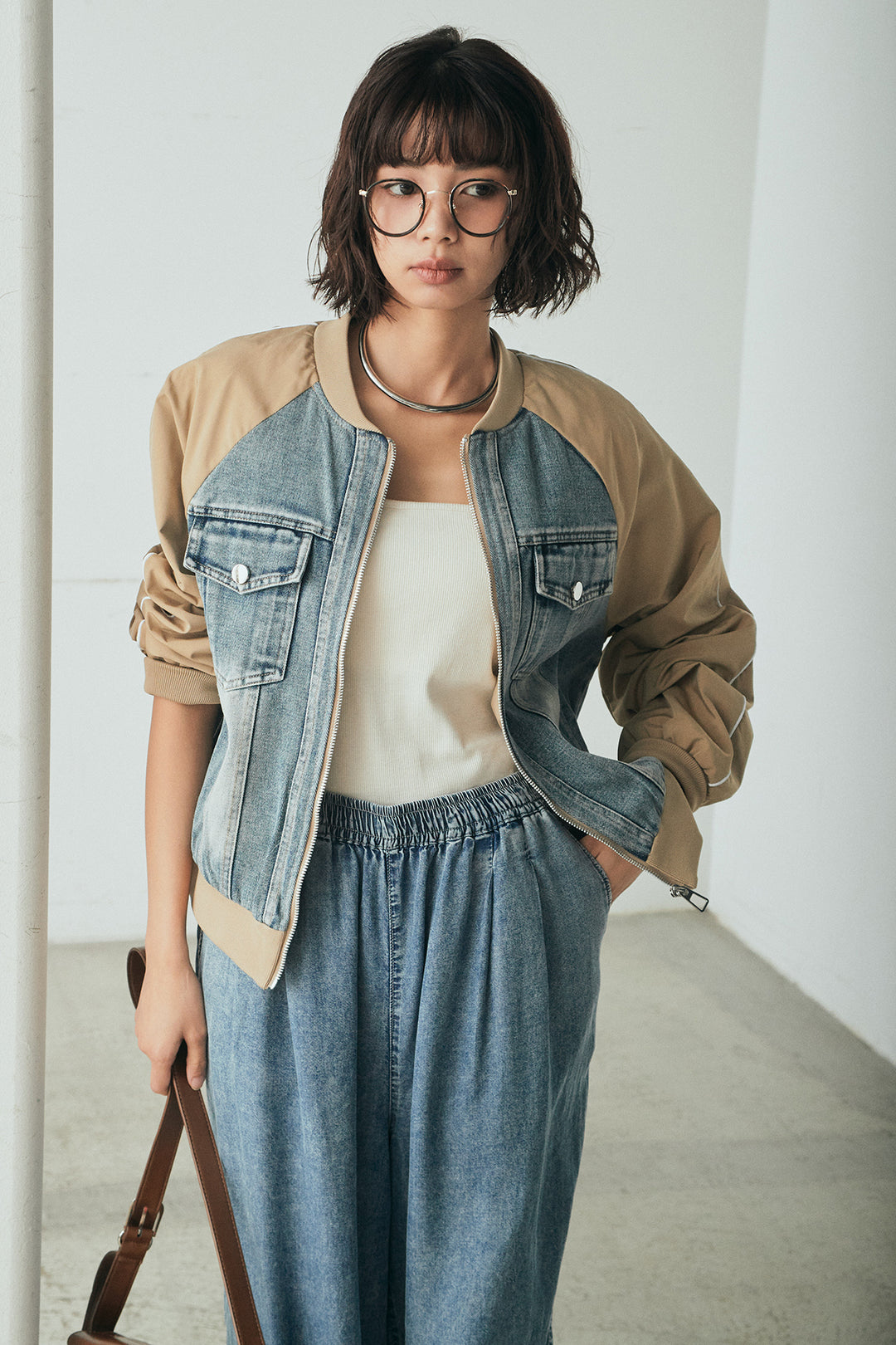 [SET]ナイロンデニムドッキングブルゾン+テンセルデニムイージーワイドパンツ(2set)