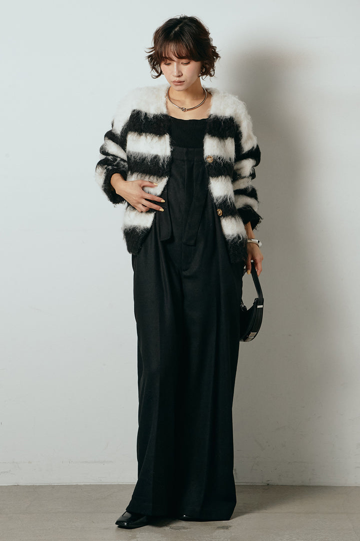 [SET]シャギーボーダー柄ニットカーディガン+ウール混フランネルワイドサロペット(2set)