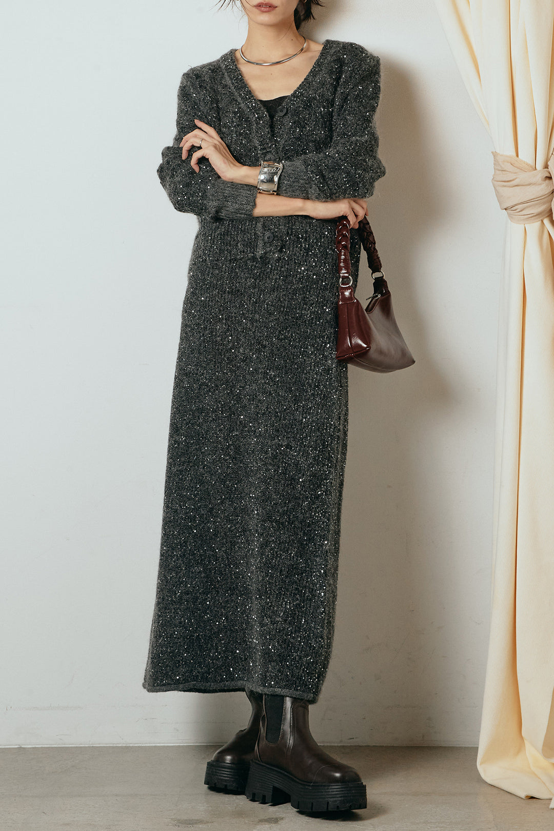 [SET]ミニラメニットカーディガン+ミニラメニットスカート(2set)