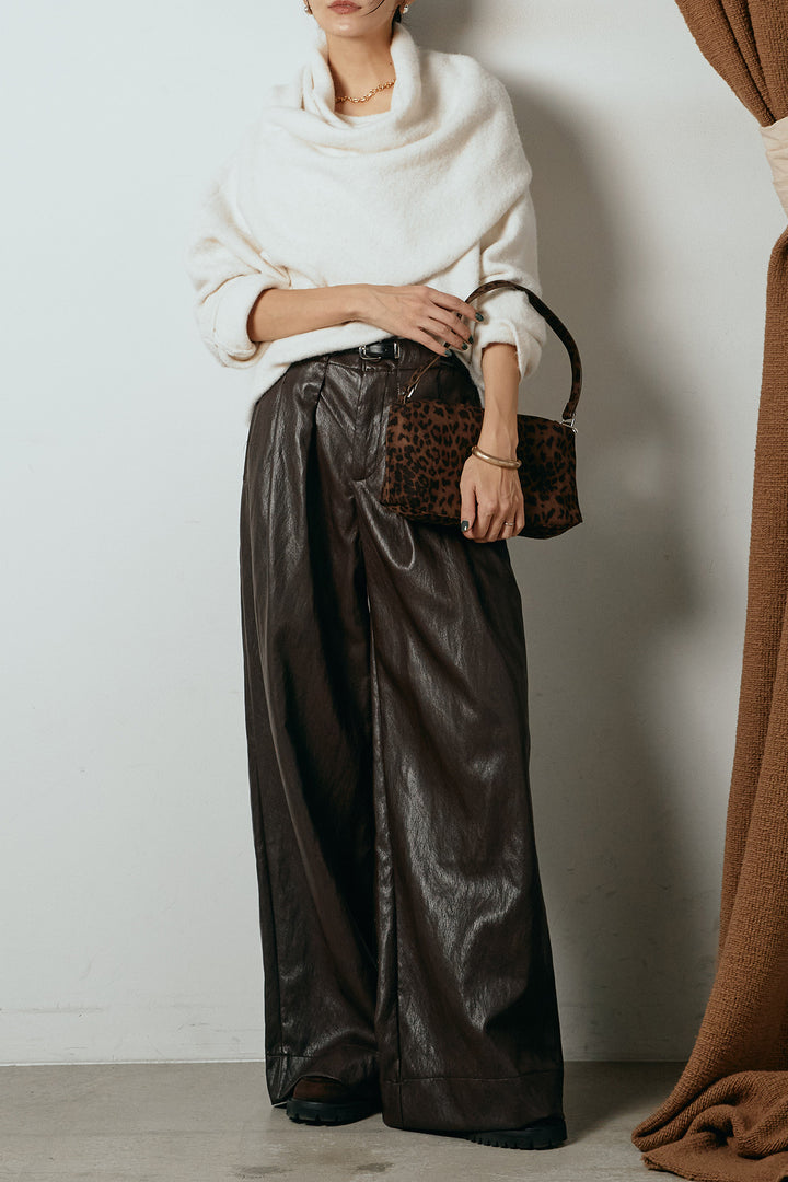 [SET]ネック巻きデザインニットトップス+ベルト付きレザーライクタックパンツ(2set)