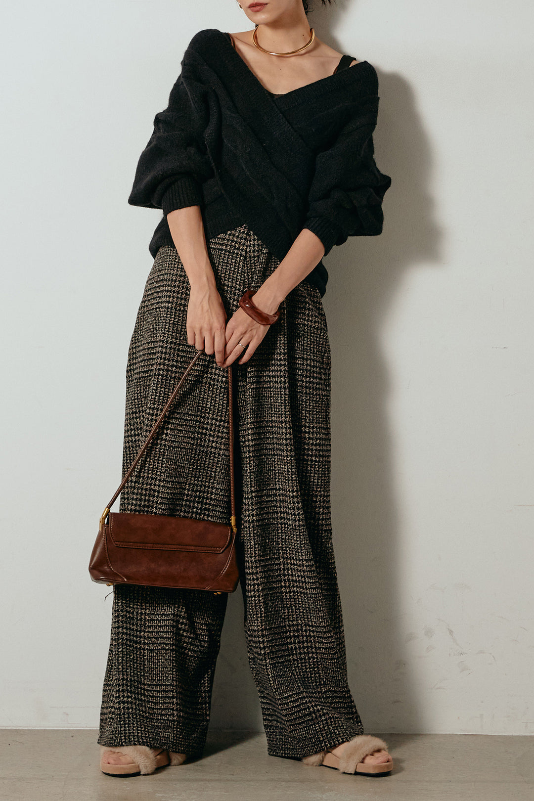 [SET]ケーブルカシュクールニットトップス+前後2wayグレンチェック柄スカーチョサロペット(2set)