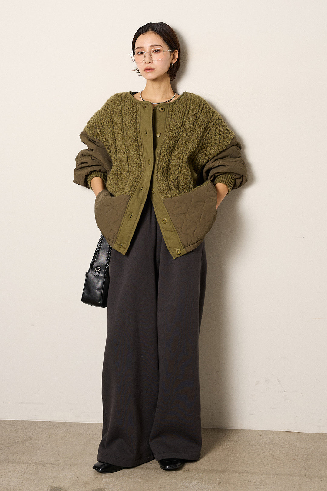 [SET]アラン編みニットノーカラー裾キルティングブルゾン+裏起毛スウェットワイドパンツ(2set)