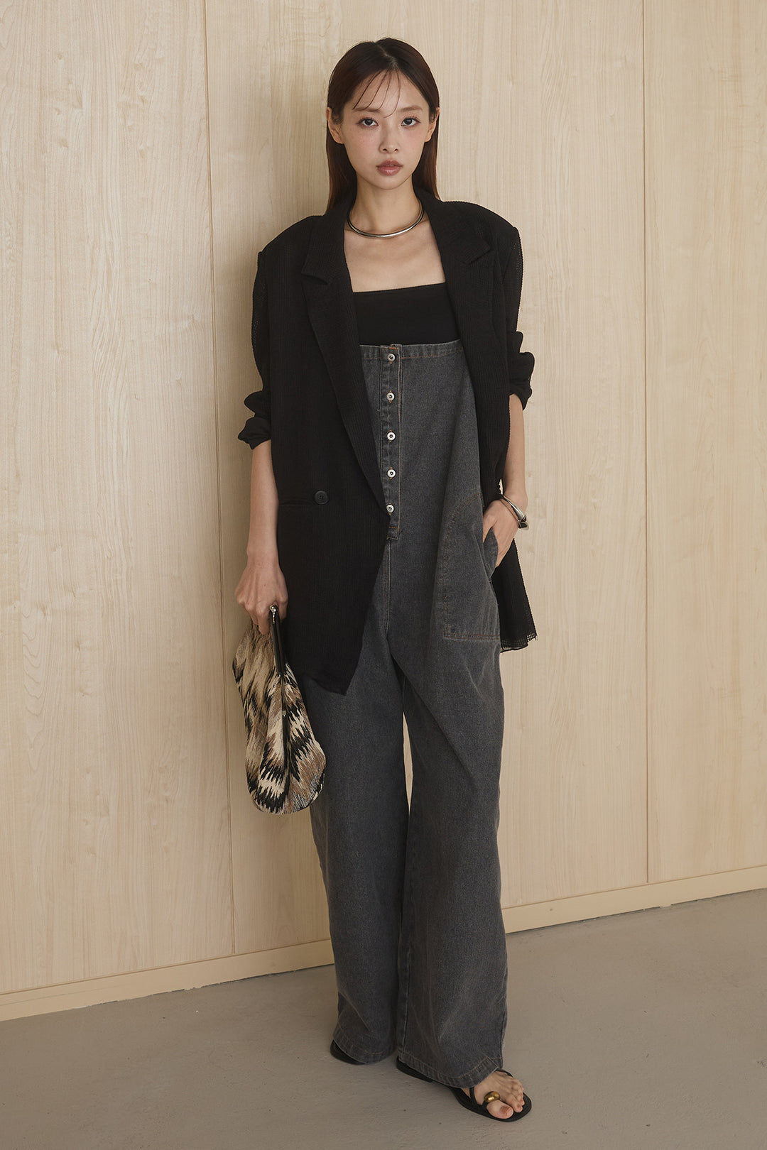 [SET]メッシュテーラードワイドジャケット+フロントボタンデニムサロペット(2set)