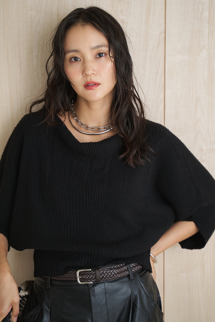 [SET]ドルマンスリーブクロップドリブニット+レザーライクタックワイドパンツ(2set)