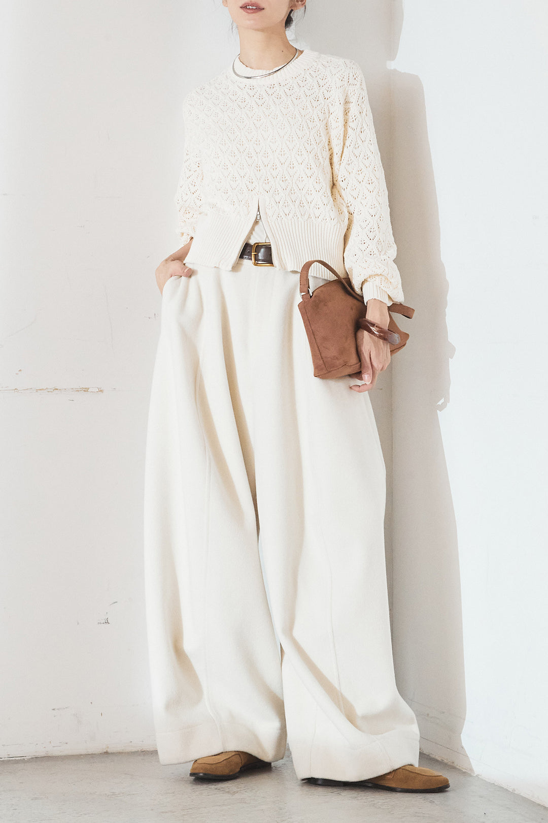[SET]透かし編みニットジップスリットプルオーバー+ウールタッチカーブワイドパンツ(2set)