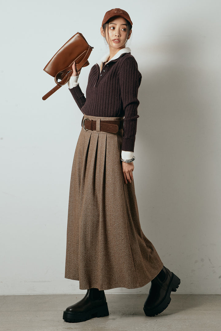 [SET]レイヤード風リブニットトップス+太ベルト付きヘリンボーンプリーツスカート(2set)
