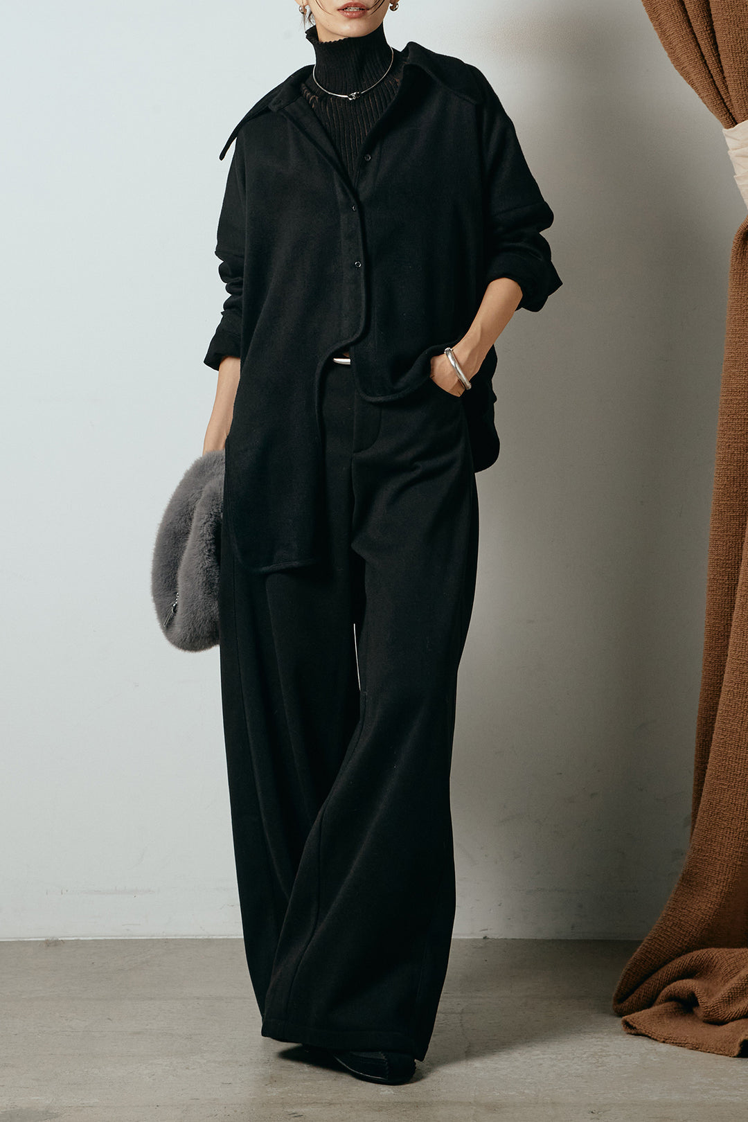 [SET]裾アシンメトリーデザインシャツ+編みベルト付きワイドパンツ+リブニットシームレスタートルプルオーバー(3set)