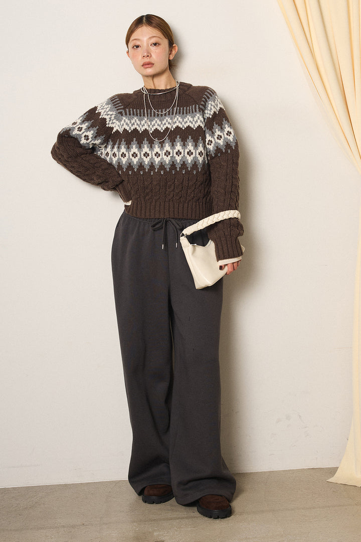 [SET]2WAY求心柄ジャガードショートカーディガン+裏起毛スウェットワイドパンツ+2WAY袖コード刺繍クルーネックプルオーバー(3set)