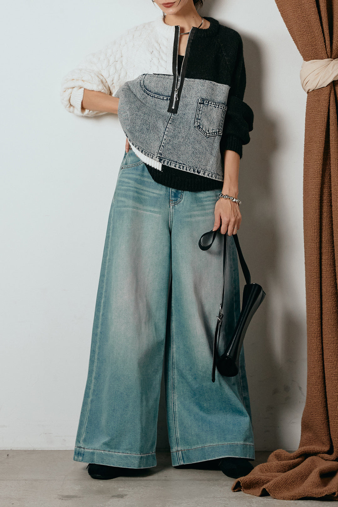 [SET]ハーフジップニットデニムドッキングトップス+ウエストダブルボタンワイドデニムパンツ(2set)