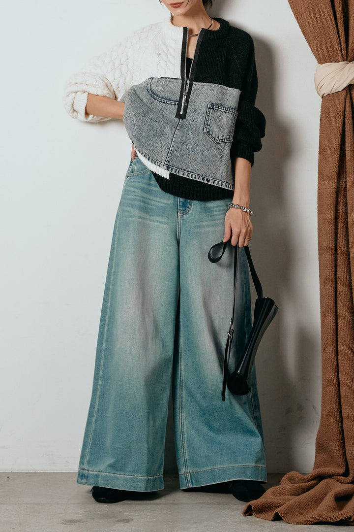 [SET]ハーフジップニットデニムドッキングトップス+ウエストダブルボタンワイドデニムパンツ(2set)
