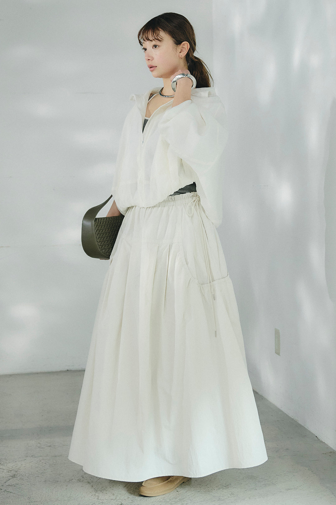 [SET]スタンドネックシアーブルゾン+ナイロンデザインフレアスカート(2set)