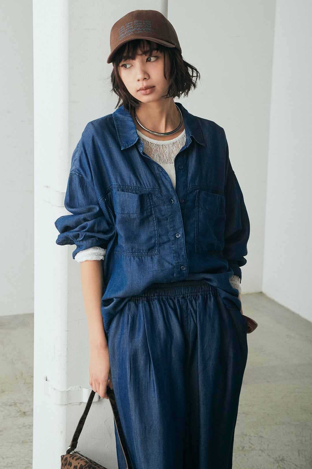 [SET]テンセルデニムシャツ+テンセルデニムイージーワイドパンツ+ストレッチレースクルーネックインナー(3set)