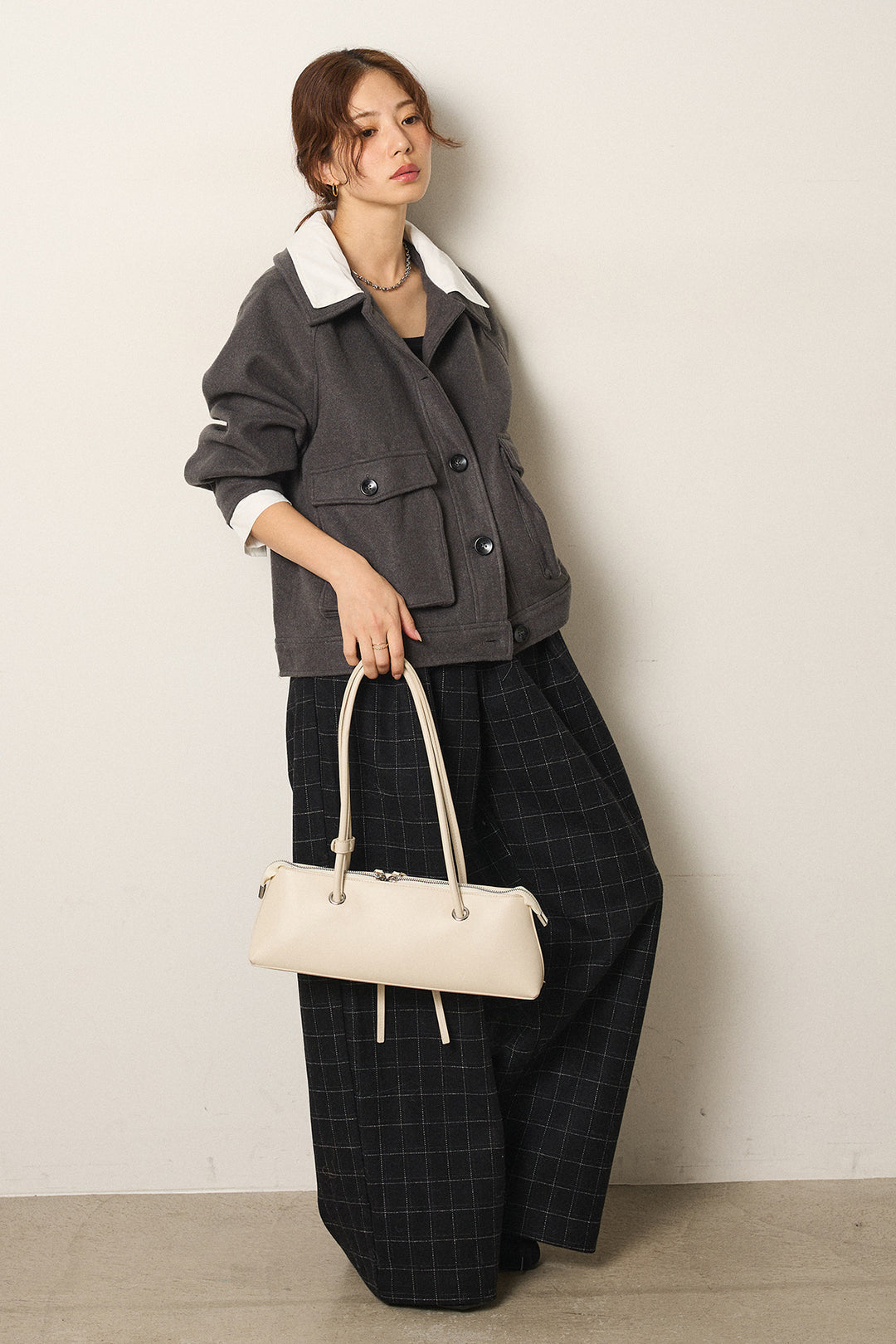 [SET]衿レイヤードフェイクウールジャケット+ウールライクチェックタックパンツ(2set)