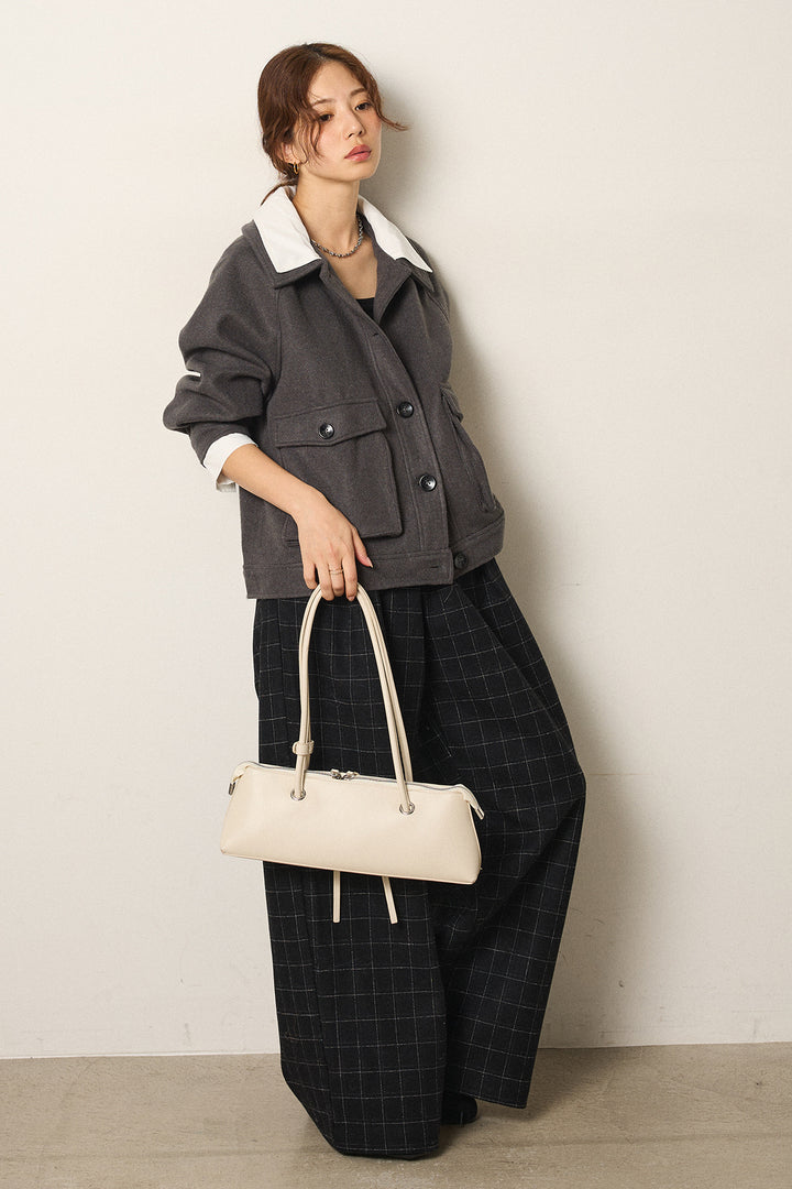 [SET]衿レイヤードフェイクウールジャケット+ウールライクチェックタックパンツ(2set)
