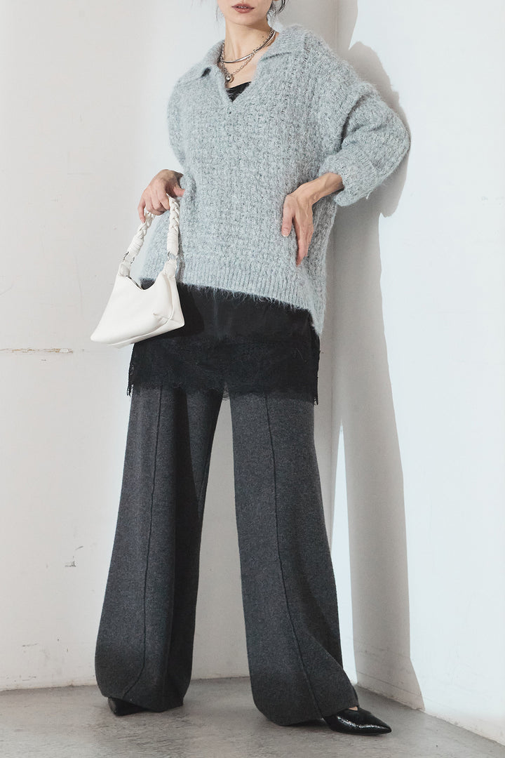 [SET]襟付きVネックニットトップス+レース切り替えキャミソール(2set)