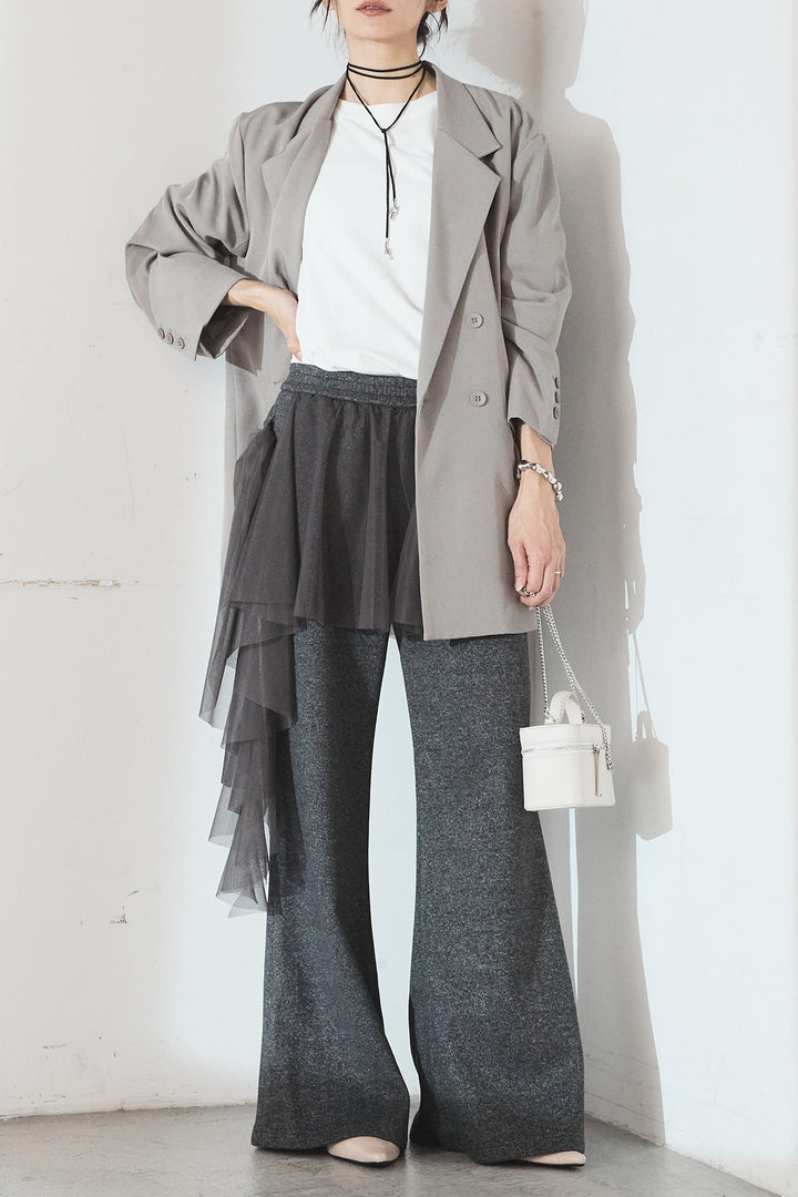 [SET]ルーズシルエットダブルテーラードジャケット+ストレッチロングTシャツ+チュールレイヤードニットパンツ(3set)