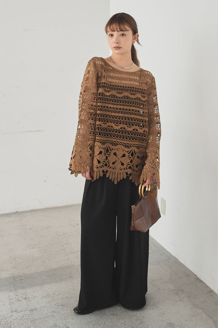 [SET]裾デザインメッシュプルオーバー+ベルト付きツータックワイドパンツ(2set)